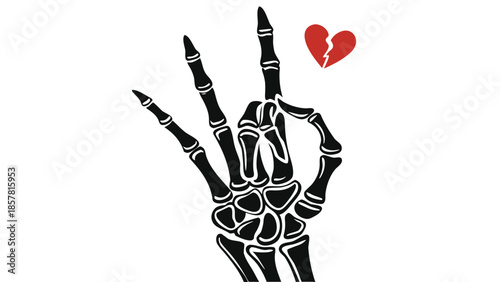 a skeletal hand displaying the rock on hand gesture near a broken red heart a striking silhouette