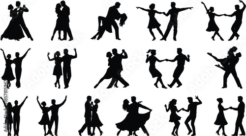 Collection of dancing couple silhouettes, romantic partner dance icons, ballroom and salsa performers vector illustration set, wedding party figures, isolated black symbols