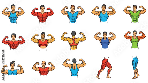 Collection of Muscular Men Posing and Showing Biceps and Bodybuilding Poses.