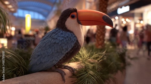 Colorful toucan perched on a branch in commercial environment