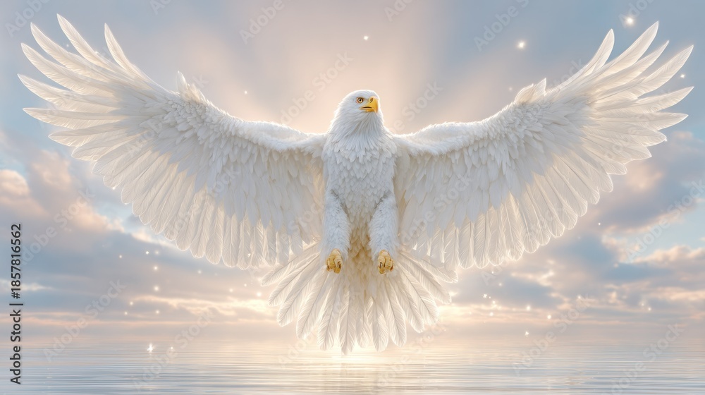 Obraz premium Majestic white bird with massive wings spreads out over shimmering water under bright sky
