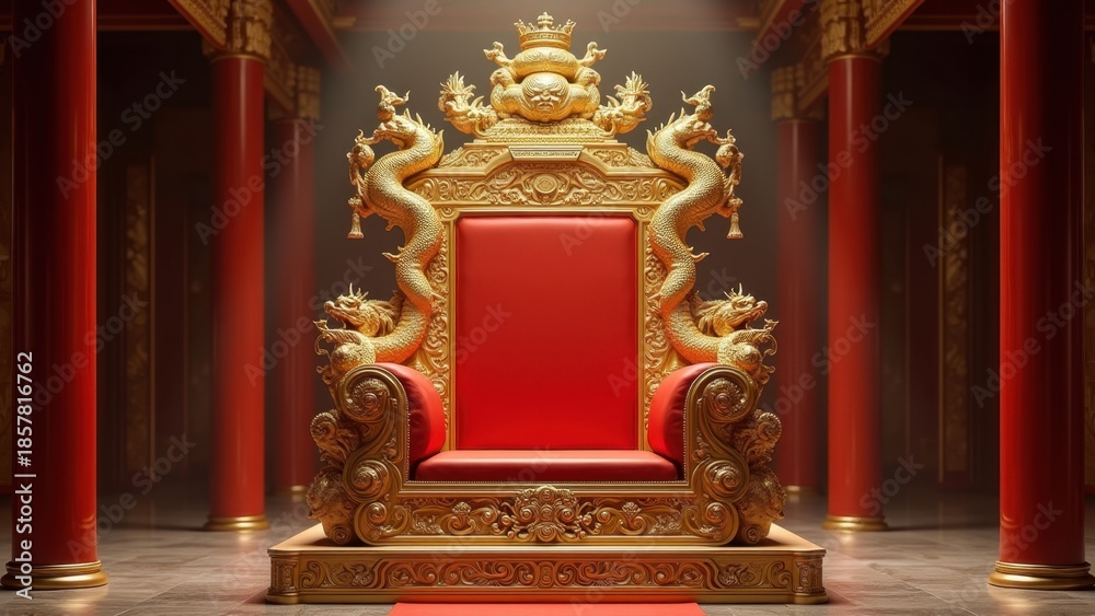 Fototapeta premium Ornate golden chinese imperial throne with intricate dragon carvings and red upholstery in grand palace hall with red columns and carpet, concept of chinese heritage, luxury branding