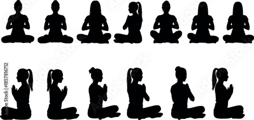 Set of silhouettes of a young woman in yoga lotus pose with namaste hands gesture for meditation and wellness concepts