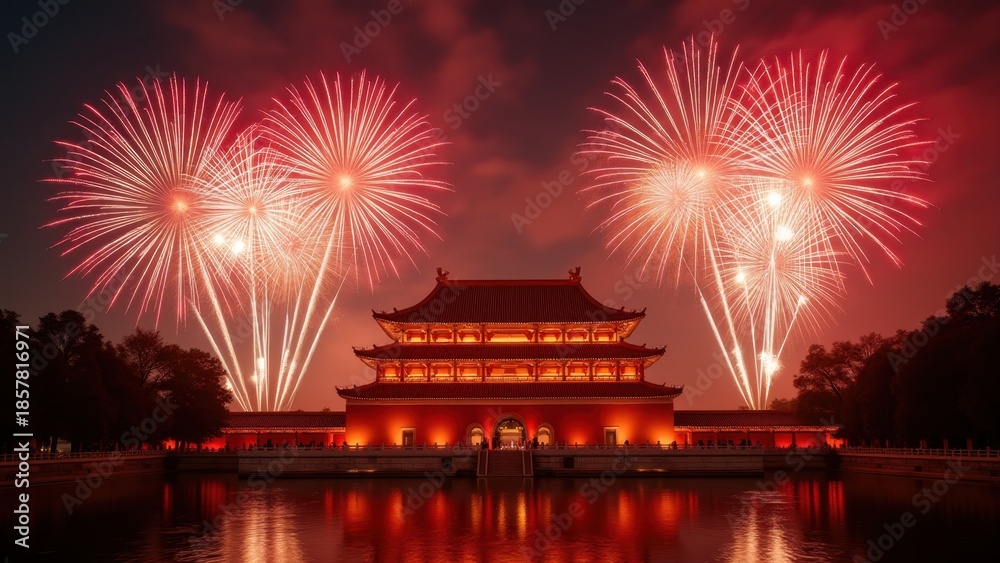 Fototapeta premium Fireworks exploding over illuminated traditional Chinese pavilion, vibrant red and golden bursts reflecting on calm water at night, concept of chinese new year, lunar festival