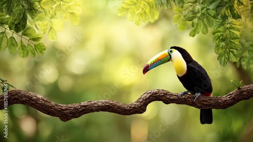 Colorful toucan perched on a branch with lush green foliage