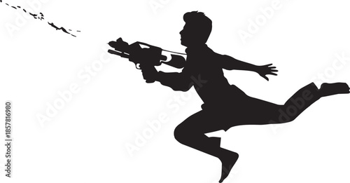 Action hero mid-jump with gun