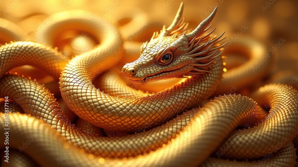 Fototapeta premium Majestic golden chinese dragon coiled with detailed scales, fierce gaze in warm glowing light on blurred background, concept of chinese new year, zodiac symbol, luxury celebration.