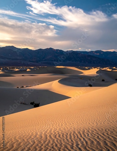 Sand dunes bathed in golden light with distant mountains under a cloudy sky at dusk or dawn