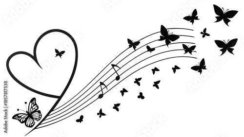 a delicate heart shape design with fluttering butterflies and musical notes creating a charming artistic silhouette