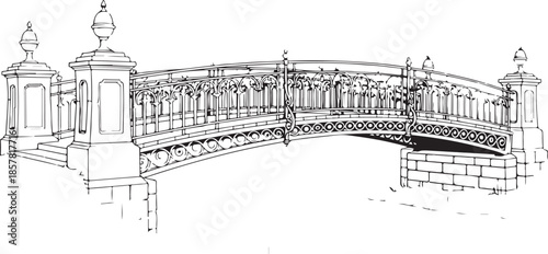 Elegant Arched Bridge with Ornate Ironwork and Decorative Pillars, Black and White Illustration