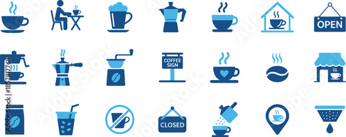 Flat design vector icons set representing various coffee culture elements and services