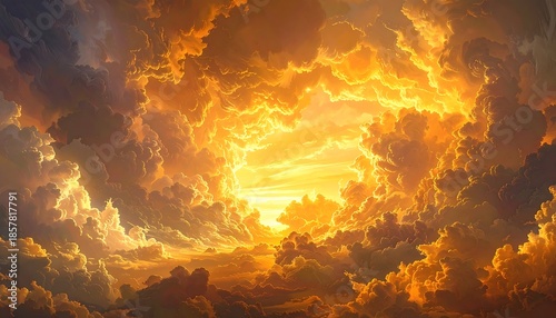 Golden portal. Fluffy clouds encircle a bright, luminous center, suggesting divine passage