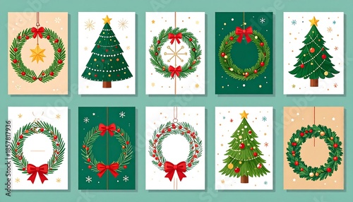 Cards 10 Christmas themed designs, wreaths with bows & trees. Festive, cheerful, and cute