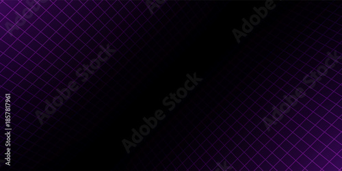 Purple glowing neon wireframe background. Shining checkered vertical grid planes in perspective. Retro futuristic depth wallpaper. Arcade game sci fi matrix surface backdrop for poster, banner. Vector
