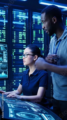 Data center professionals analyzing server data and network infrastructure together.
