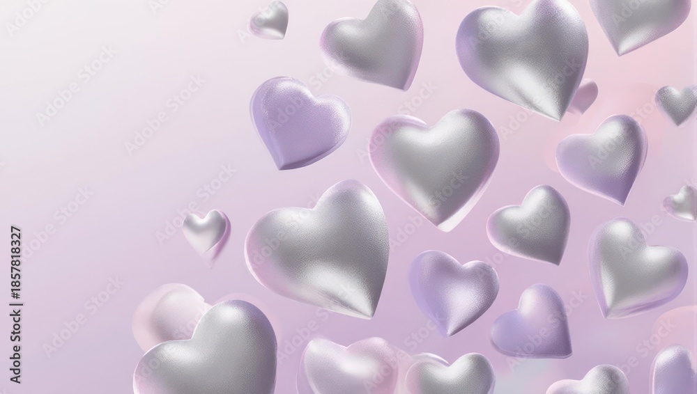 Fototapeta premium Elegant Silver Hearts Floating on a Soft Purple Gradient Background.