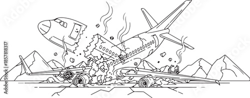 Illustration of a Crashed Airplane Wreckage in a Mountainous Landscape