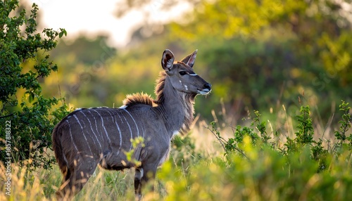 Striped antelope in vibrant brush, lit by golden hour sun. Wildlife photography