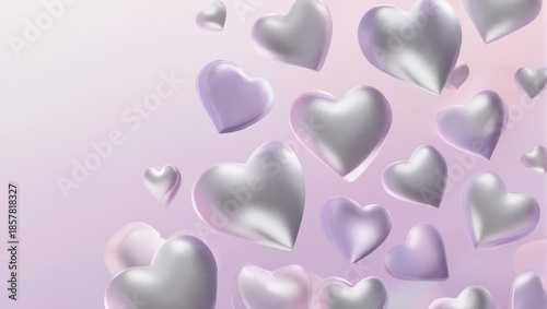 Elegant Silver Hearts Floating on a Soft Purple Gradient Background.