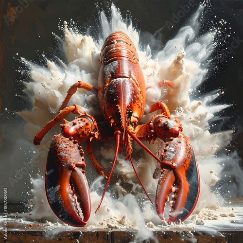 Lobster emerges from exploding white powder, dramatic and surreal seafood composition