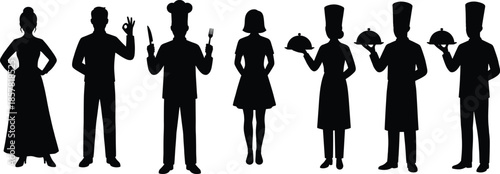 Silhouette restaurant staff and chefs standing in a row holding trays and utensils, representing hospitality service, catering teamwork, and professional food industry roles