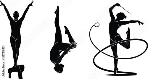 Silhouette rhythmic gymnasts performing elegant poses with ribbon and balance apparatus, showcasing artistic gymnastics, flexibility, strength, and professional sports training
