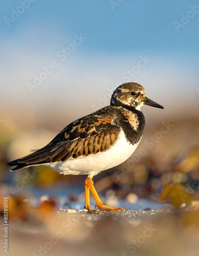 Ruddy turnstone on beach with orange legs, against a blue sky