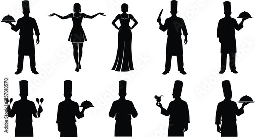 Silhouette chefs, waiters, and restaurant staff holding food trays and utensils representing professional hospitality, catering service, and culinary industry roles