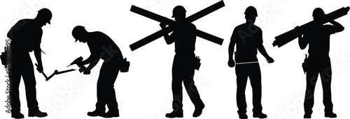 Silhouette construction workers carrying materials and using power tools illustrating teamwork, manual labor, carpentry, and building industry concepts