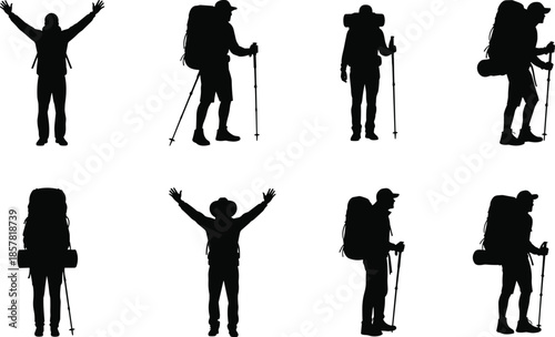 Silhouette hikers and backpackers with trekking poles celebrating outdoor adventure, hiking, camping, and travel lifestyle isolated on white background