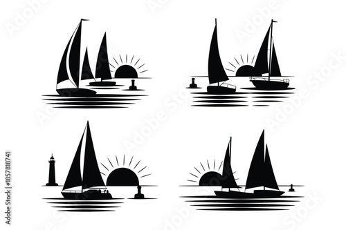 Sailboat Silhouettes at Sunset with Lighthouse Icon