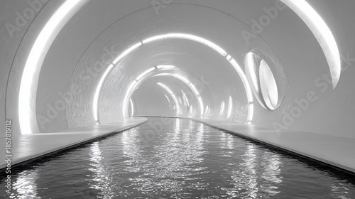 Modern, sleek, tunnel with water, illuminated interior, futuristic design, used for travel & transport