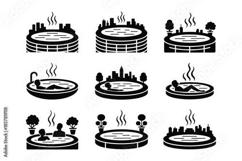 Modern Rooftop Spa and Hot Tub with Urban City Skyline Silhouette