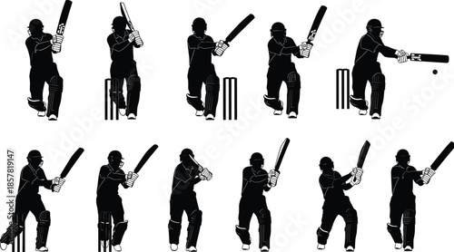 Set of Cricket Player Silhouettes Batting in Different Professional Poses and Action Movements for Sports Graphic Design Isolated on White