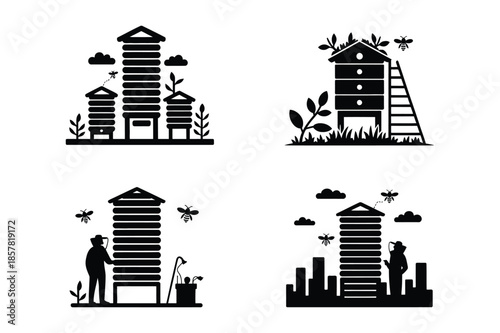 Apiary Beehives and Beekeeper Working on Honey Bee Farm Silhouette