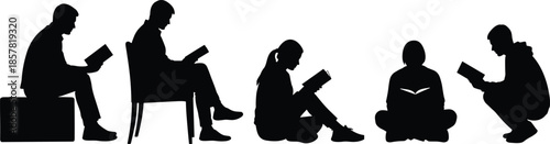 People reading books silhouettes in different sitting positions, education and learning concept, students studying quietly isolated on white background