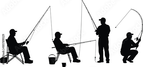 Fishermen silhouettes in various fishing positions with rods, outdoor leisure and sport fishing activity isolated on white background