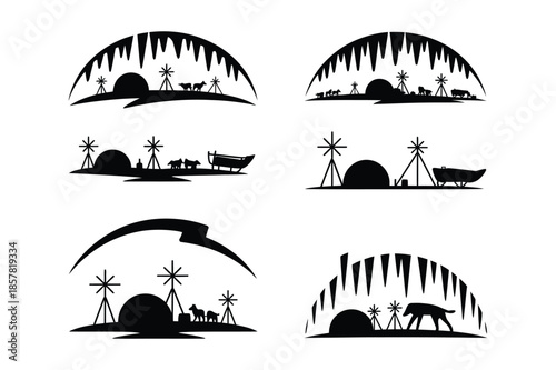 Arctic Winter Camp with Igloo Tents and Sled Dogs Silhouette Icons