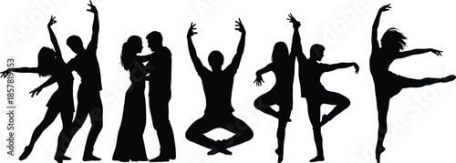 Black Silhouettes of Contemporary Dancers Performing Artistic Poses and Graceful Movements in a Minimalist Composition Isolated on a White Background