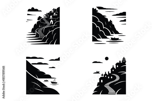 Coastal Village on Cliffs with Stairs and Small Boat Silhouettes