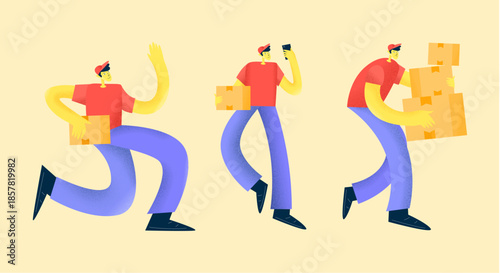Dynamic Delivery Man Carrying Boxes Textured Illustration