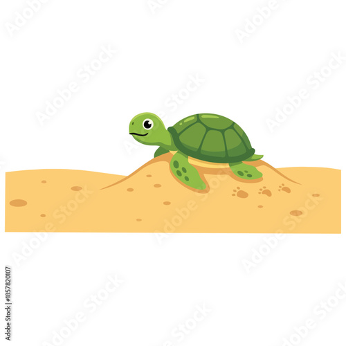 Vibrant cartoon illustration of a resilient baby sea turtle hatchling venturing across golden sands, symbolizing new life, hope, and the incredible journey of marine wildlife