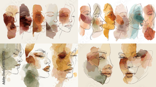 Abstract watercolor faces and portraits collection featuring expressive line art and layered textures in warm neutral tones ideal for contemporary art branding editorial and creative concepts