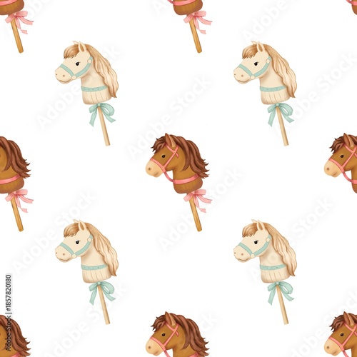 Seamless pattern with cute hobby horses on sticks, decorated with pastel bows and soft details. Minimal white background highlights a charming, playful design perfect for kids textiles, nursery decor