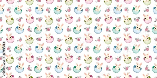 Seamless Easter pattern with cute bunnies peeking from pastel eggs, decorated with soft floral elements. Gentle spring colours create a sweet, playful design perfect for nursery decor, kids textiles, 