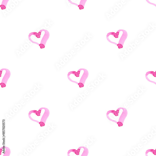 Seamless watercolor pattern with hand-drawn pink outline hearts on white background. Playful romantic design for Valentine’s Day, wedding decor, textiles, stationery and surface design.