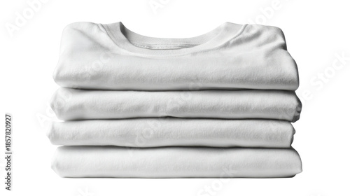 Stack of clean white folded t-shirts, basic apparel for laundry, clothing, and textile concepts on transparent background