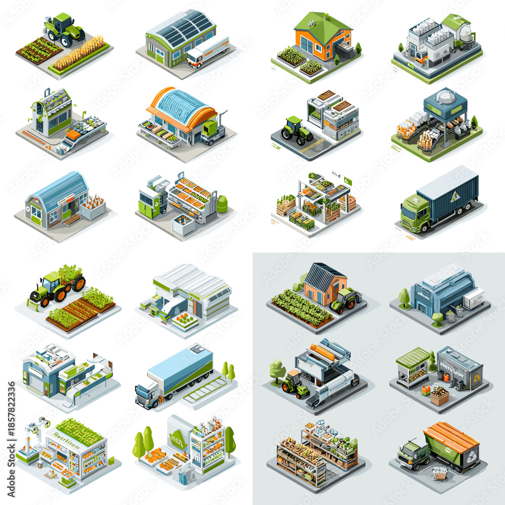 Fototapeta premium Isometric watercolor city buildings and infrastructure set with shops houses and offices, detailed urban illustrations isolated on white background for maps games planning and design