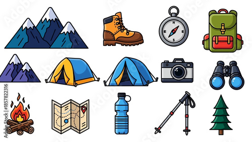 Collection of outdoor adventure and camping equipment icons.