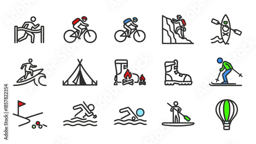 Collection of Outdoor Adventure and Sports Activity Icons.